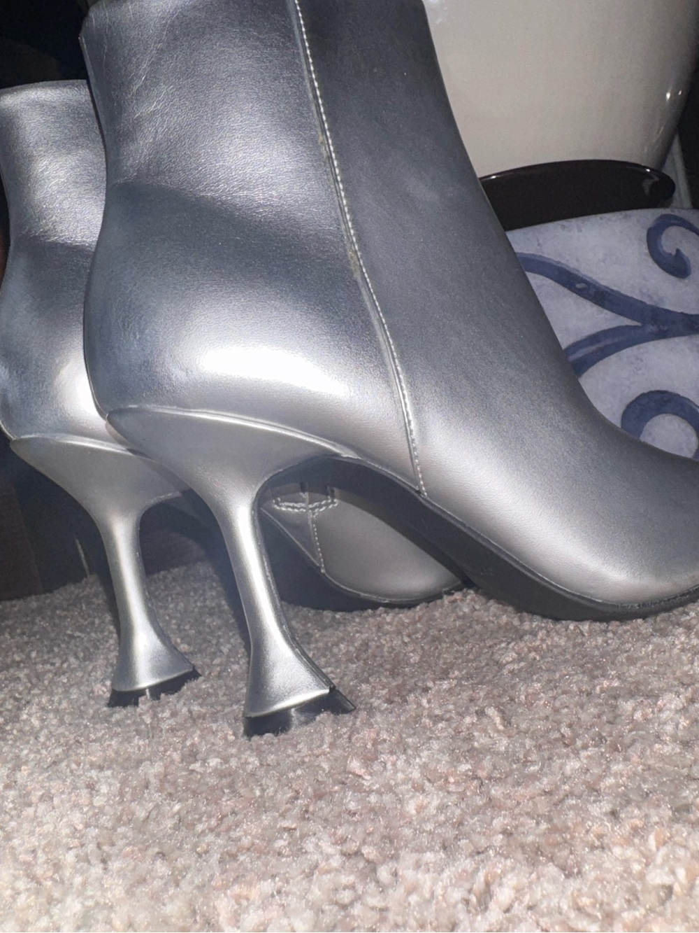 Metallic Silver Women's Ankle Boots with Sculpted Flared Heel